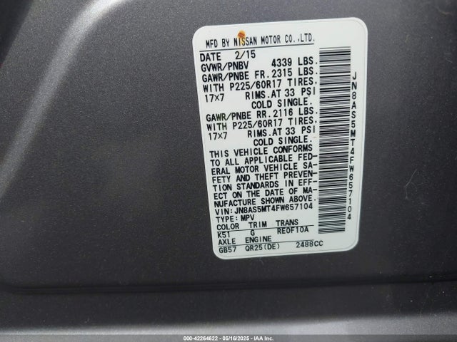JN8AS5MT4FW657104 Nissan Rogue Select S
