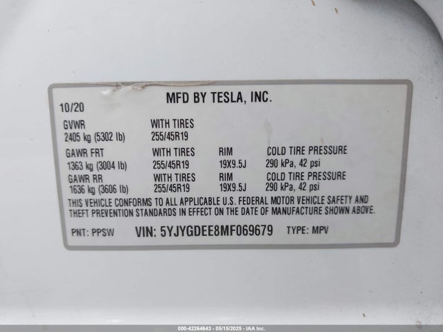 2021 TESLA MODEL Y 5YJYGDEE8MF069679 Photo 8