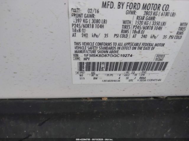 2016 FORD EXPLORER 1FM5K8D87GGC19274 Photo 8