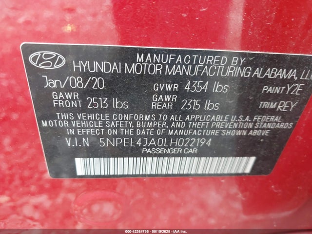 5NPEL4JA0LH022194 Hyundai SONATA SEL