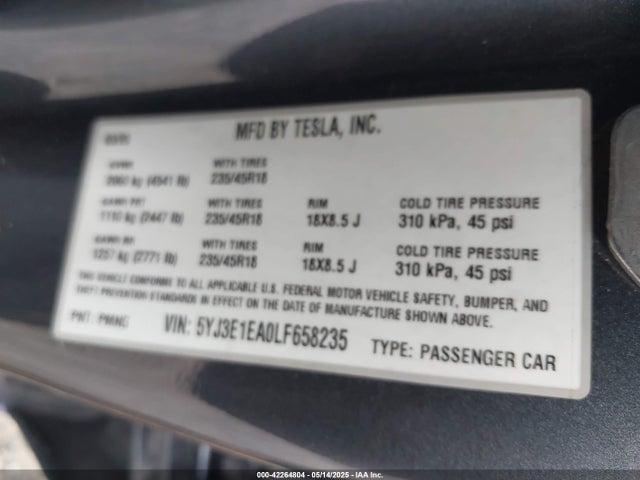 5YJ3E1EA0LF658235 Tesla MODEL 3