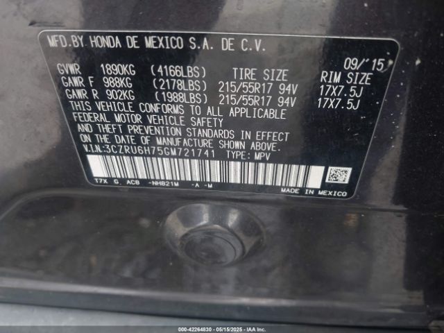 3CZRU6H75GM721741 Honda Hr-v Ex-l