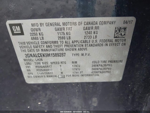 Chevrolet EQUINOX LT 2017 2GNALCEK9H1589287 Image 9