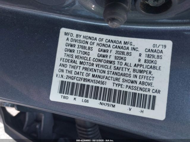 2HGFC2F89KH534561 Honda Civic Sport