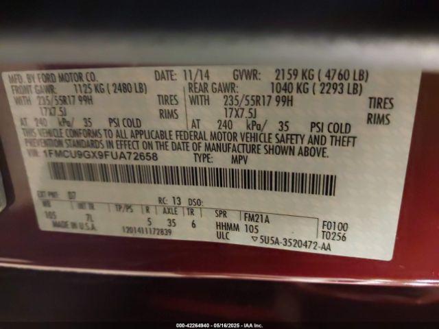 1FMCU9GX9FUA72658 Ford ESCAPE SE