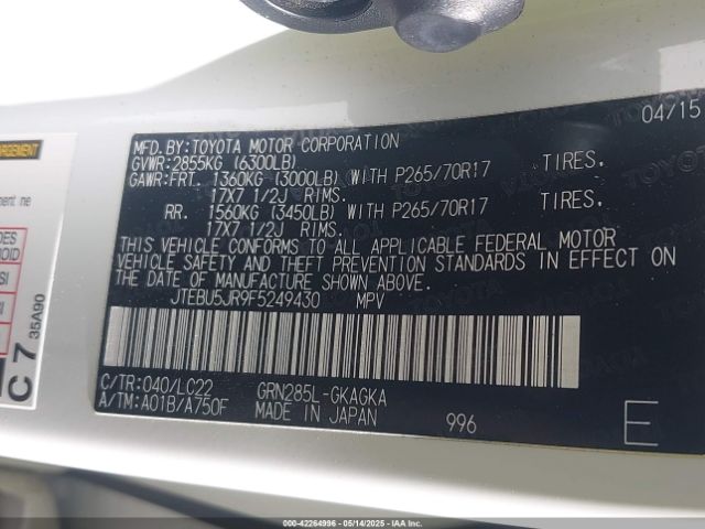 JTEBU5JR9F5249430 Toyota 4runner Trail Premium