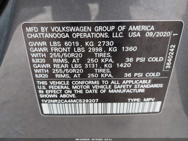 2021 VOLKSWAGEN ATLAS 1V2NR2CA4MC529207 Photo 8
