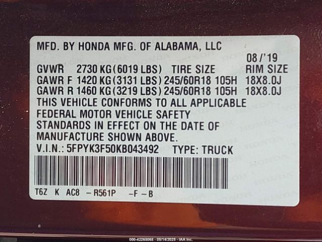 5FPYK3F50KB043492 Honda Ridgeline Rtl