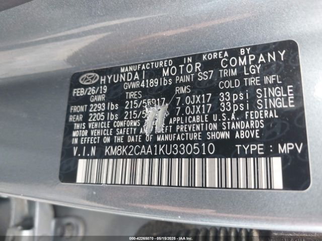 KM8K2CAA1KU330510 Hyundai Kona Sel