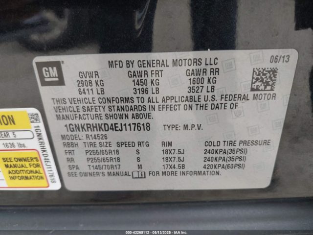 1GNKRHKD4EJ117618 Chevrolet Traverse 2lt