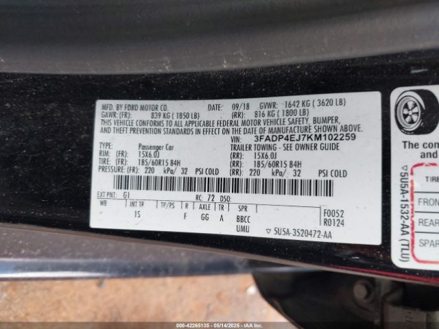 3FADP4EJ7KM102259 Ford FIESTA SE