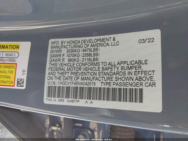 1HGCV1F45NA042519 Honda l15be