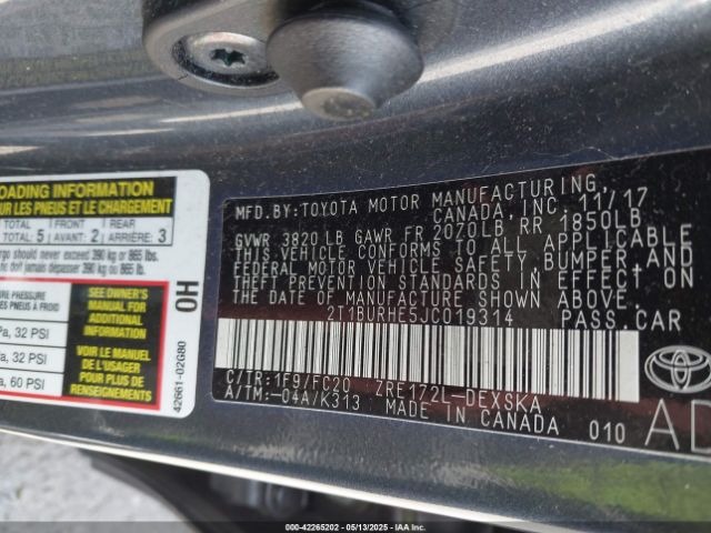 2T1BURHE5JC019314 Toyota 2zr-fe