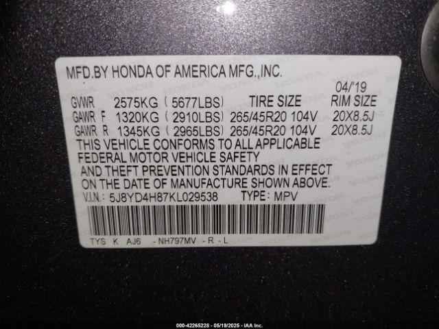5J8YD4H87KL029538 Acura Mdx Advance Pkg