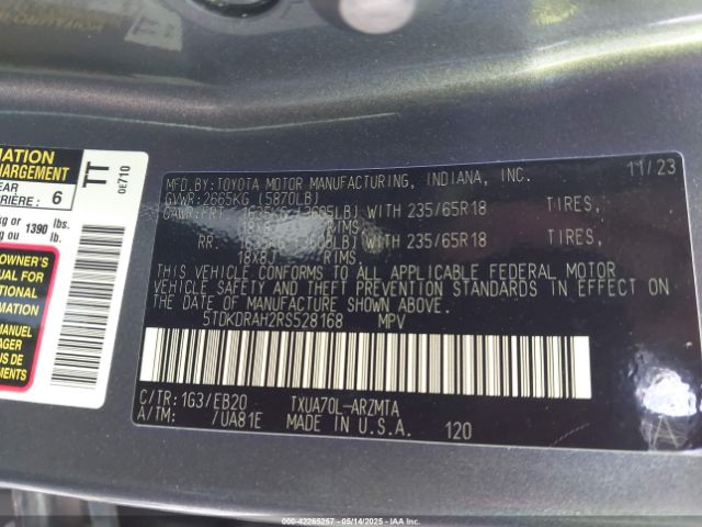 5TDKDRAH2RS528168 Toyota Highlander Xle