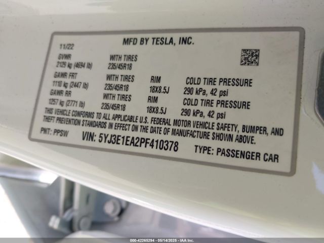 5YJ3E1EA2PF410378 Tesla 2023