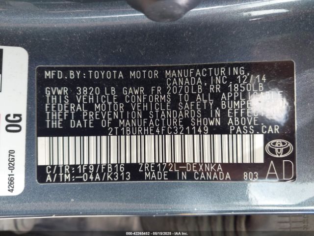 2T1BURHE4FC321149 Toyota COROLLA LE