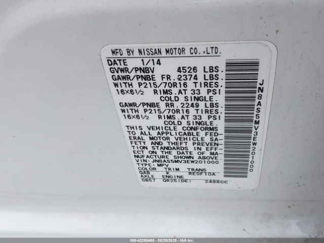JN8AS5MV3EW201000 Nissan Rogue Select S