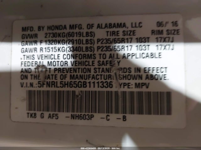5FNRL5H65GB111336 Honda Odyssey Ex-l