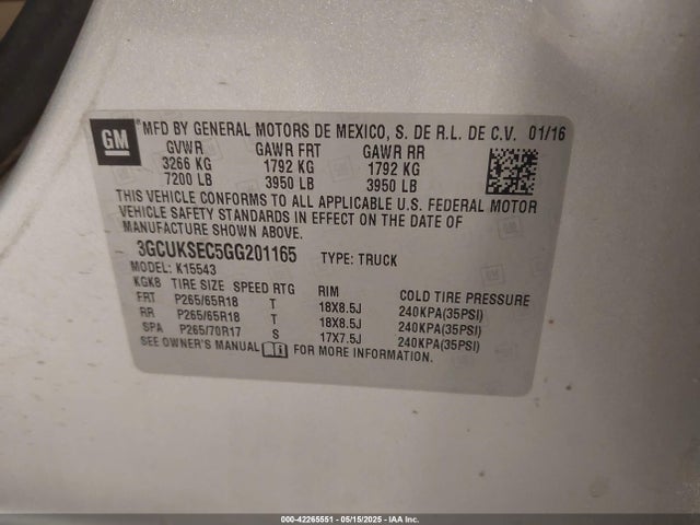 3GCUKSEC5GG201165 Chevrolet l83 - sidi, vvt, afm, e85 max, aluminum