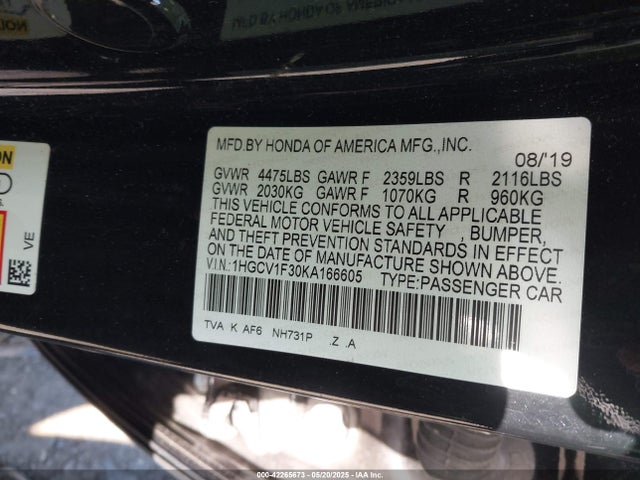 1HGCV1F30KA166605 Honda Accord Sport