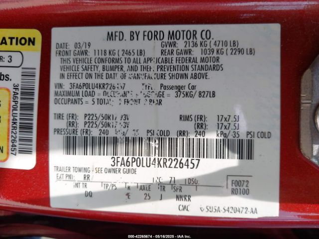 3FA6P0LU4KR226457 Ford Fusion Hybrid Se