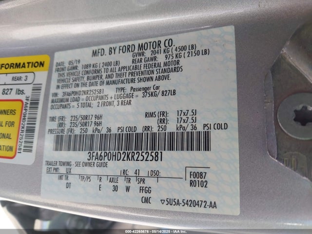 3FA6P0HD2KR252581 Ford FUSION SE