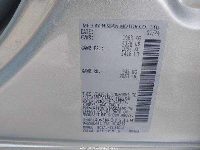 1N4BL4DV5RN375319 Nissan Altima Sv Fwd