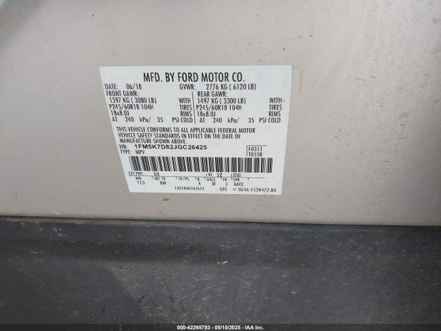 1FM5K7D82JGC26425 Ford EXPLORER XLT