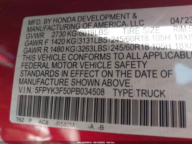 5FPYK3F50PB034508 Honda Ridgeline Rtl