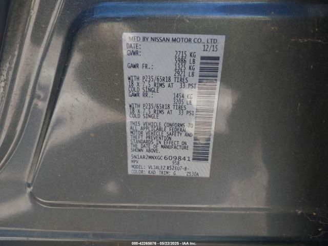 5N1AR2MNXGC609841 Nissan Pathfinder Platinum/s/sl/sv