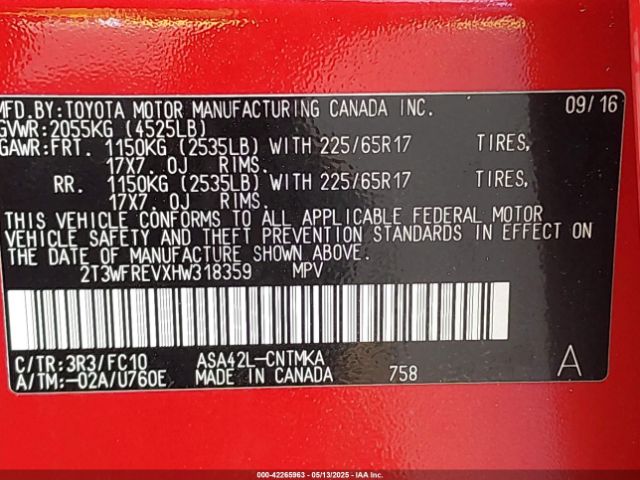 2T3WFREVXHW318359 Toyota Rav4 Xle