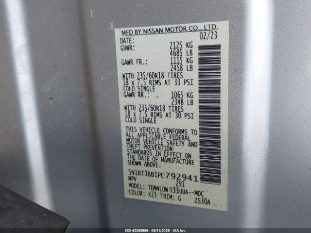 5N1BT3BB1PC792941 Nissan Rogue Sv Intelligent Awd