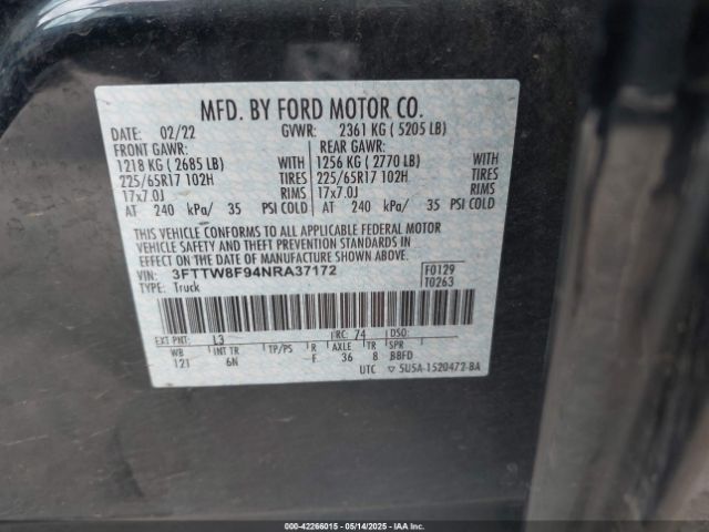 3FTTW8F94NRA37172 Ford Maverick Lariat