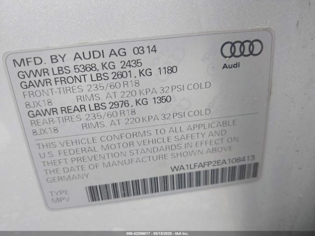 WA1LFAFP2EA108413 Audi Q5 2.0t Premium