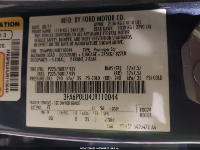 3FA6P0LU4JR110044 Ford Fusion Hybrid Se