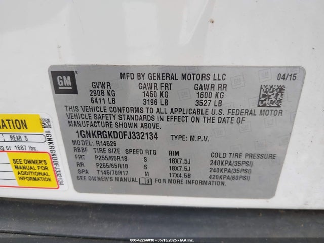 Chevrolet Traverse 1lt 2015 1GNKRGKD0FJ332134 Image 9