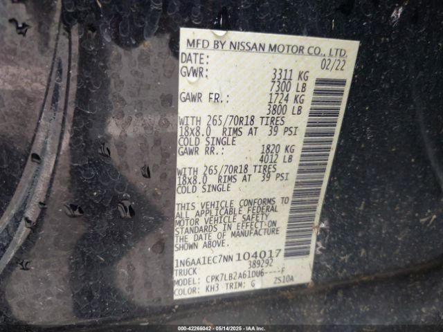 1N6AA1EC7NN104017 Nissan Titan Sv 4x4