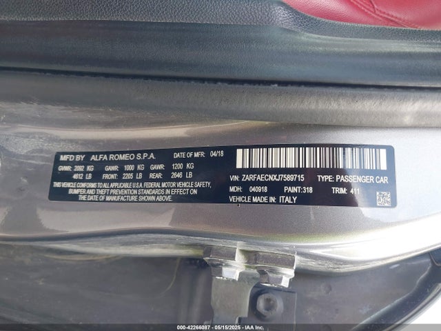 42266087 :رقم المزاد ، ZARFAECNXJ7589715 vin ، 2018 Alfa Romeo Giulia Ti Rwd مزاد بيع