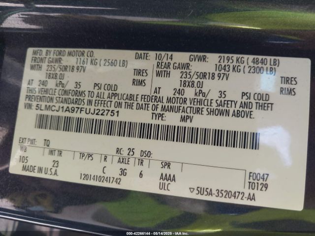 5LMCJ1A97FUJ22751 Lincoln MKC
