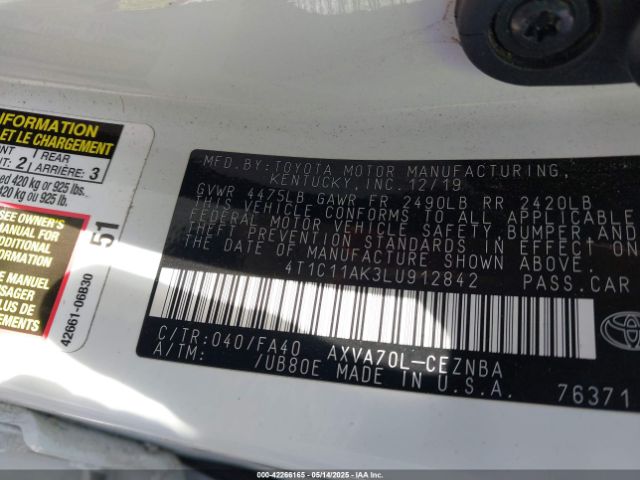 4T1C11AK3LU912842 Toyota CAMRY LE