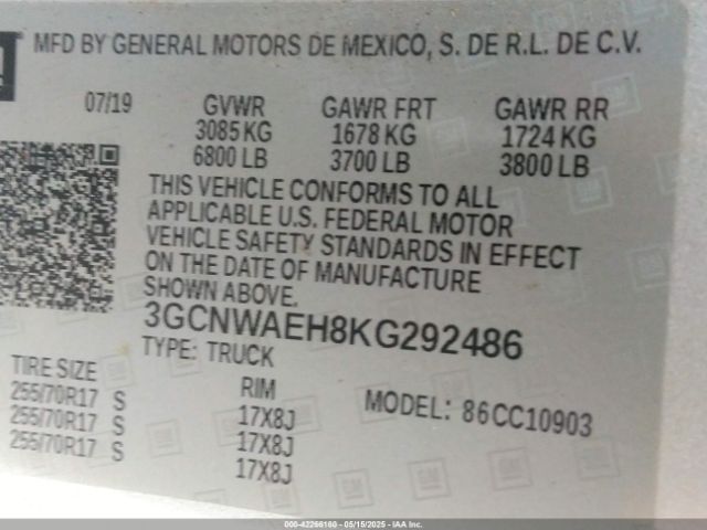 3GCNWAEH8KG292486 Chevrolet Silverado 1500 Work Truck