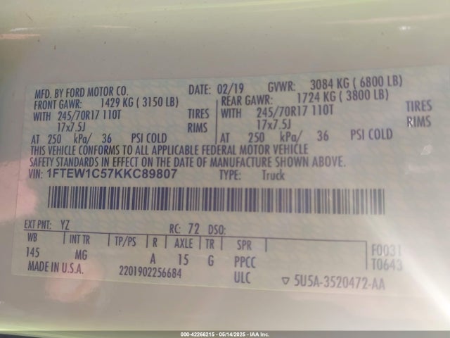 1FTEW1C57KKC89807 Ford 5.0l 4v