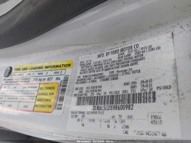 3LN6L5LUXHR600982 Lincoln Mkz Hybrid Select