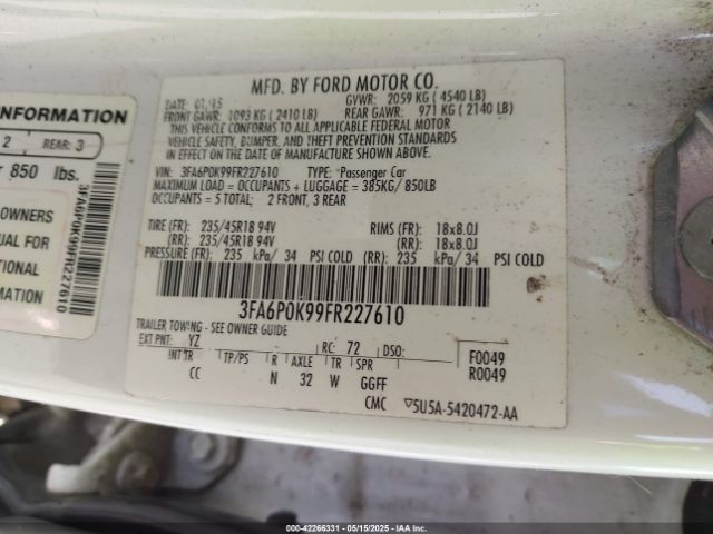 3FA6P0K99FR227610 Ford Fusion Titanium