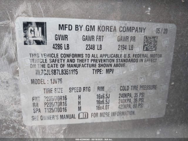 KL7CJLSB7LB351195 Chevrolet Trax Fwd Lt