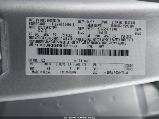 1FMCU9GD4HUD63660 Ford ESCAPE SE