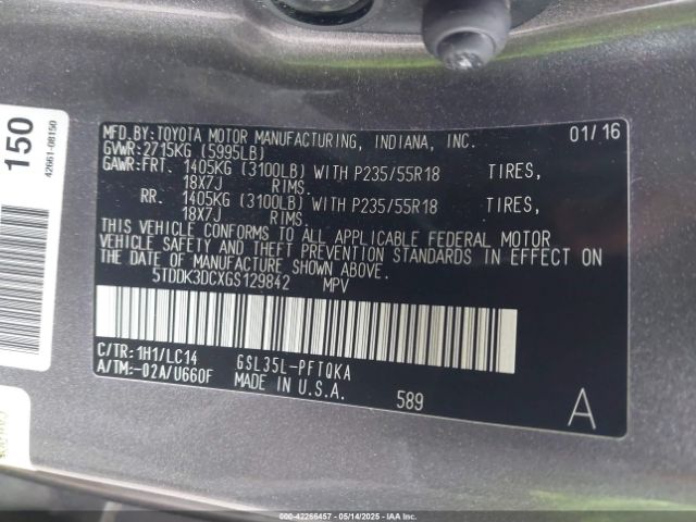 5TDDK3DCXGS129842 Toyota Sienna Xle 7 Passenger