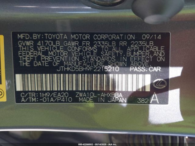 JTHKD5BH9F2215210 Lexus CT 200H