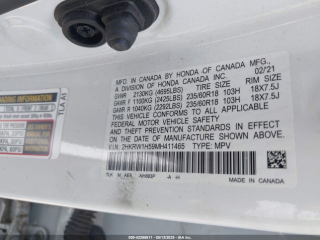 2HKRW1H59MH411465 Honda Cr-v 2wd Ex